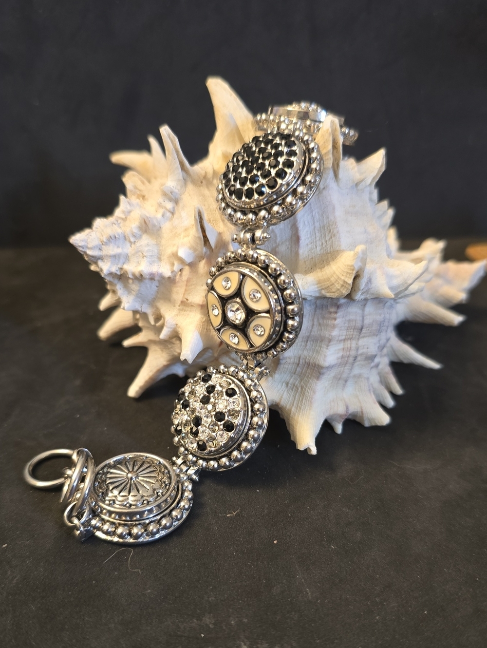 Silver-Tone Decorative Button Link Bracelet Rhinestones  - Black & White Accents